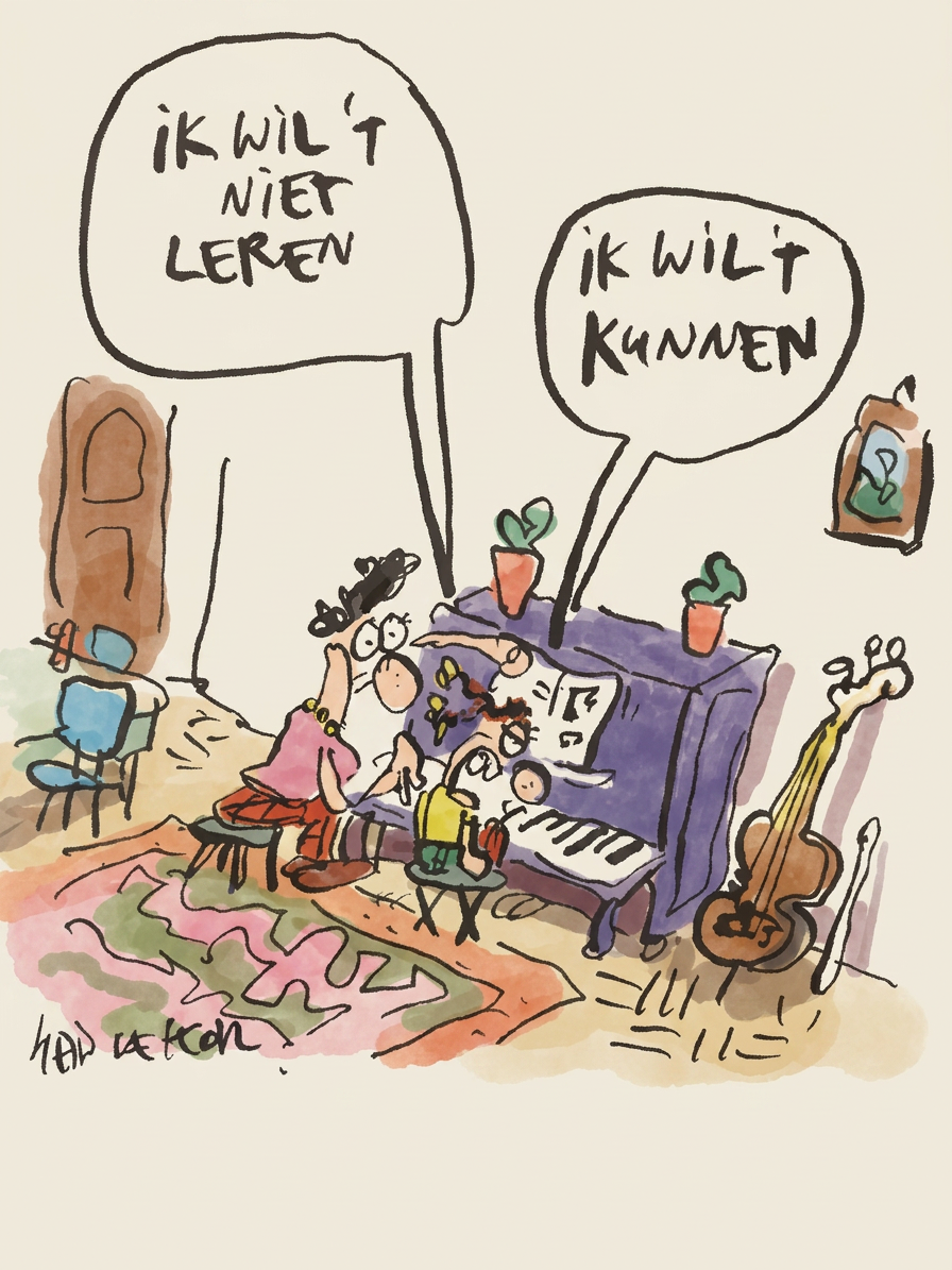 Cartoon van een kind aan de piano: 'Ik wil 't niet leren — ik wil 't kunnen.'