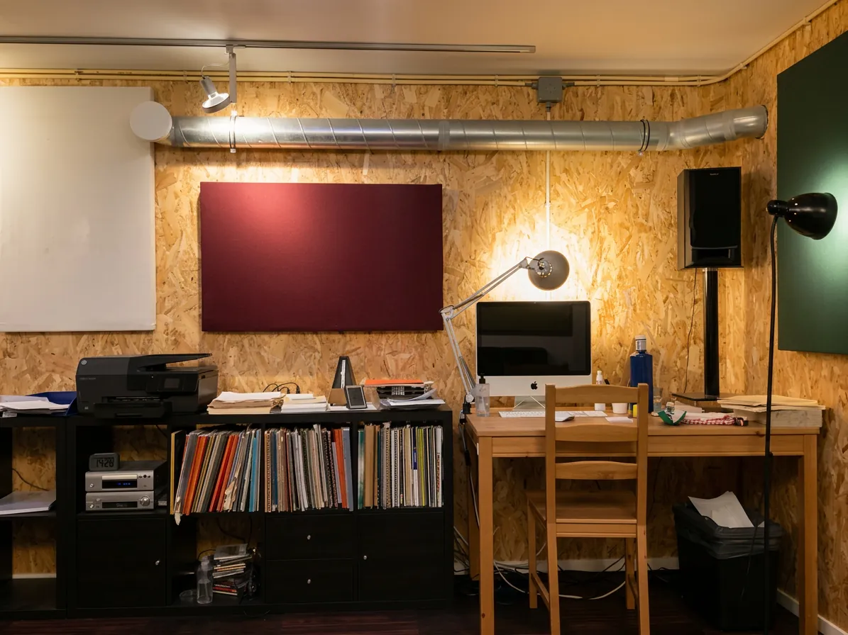 Muur met lampen en boeken in de studio